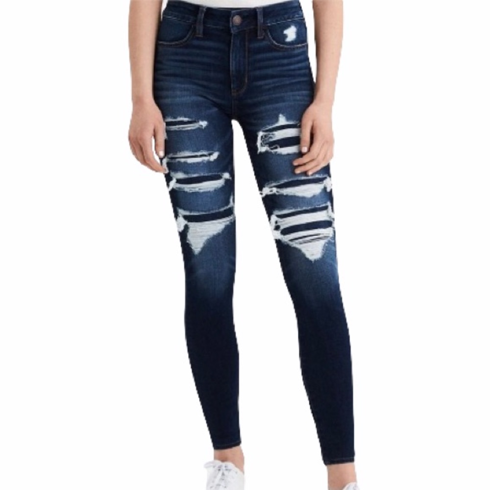 American Eagle High Rise Dark Wash Whiskered Shredded Patched Jeggings, Tall